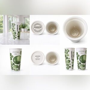 Starbucks White Ceramic Tumbler with Green Cactus Print - EUC